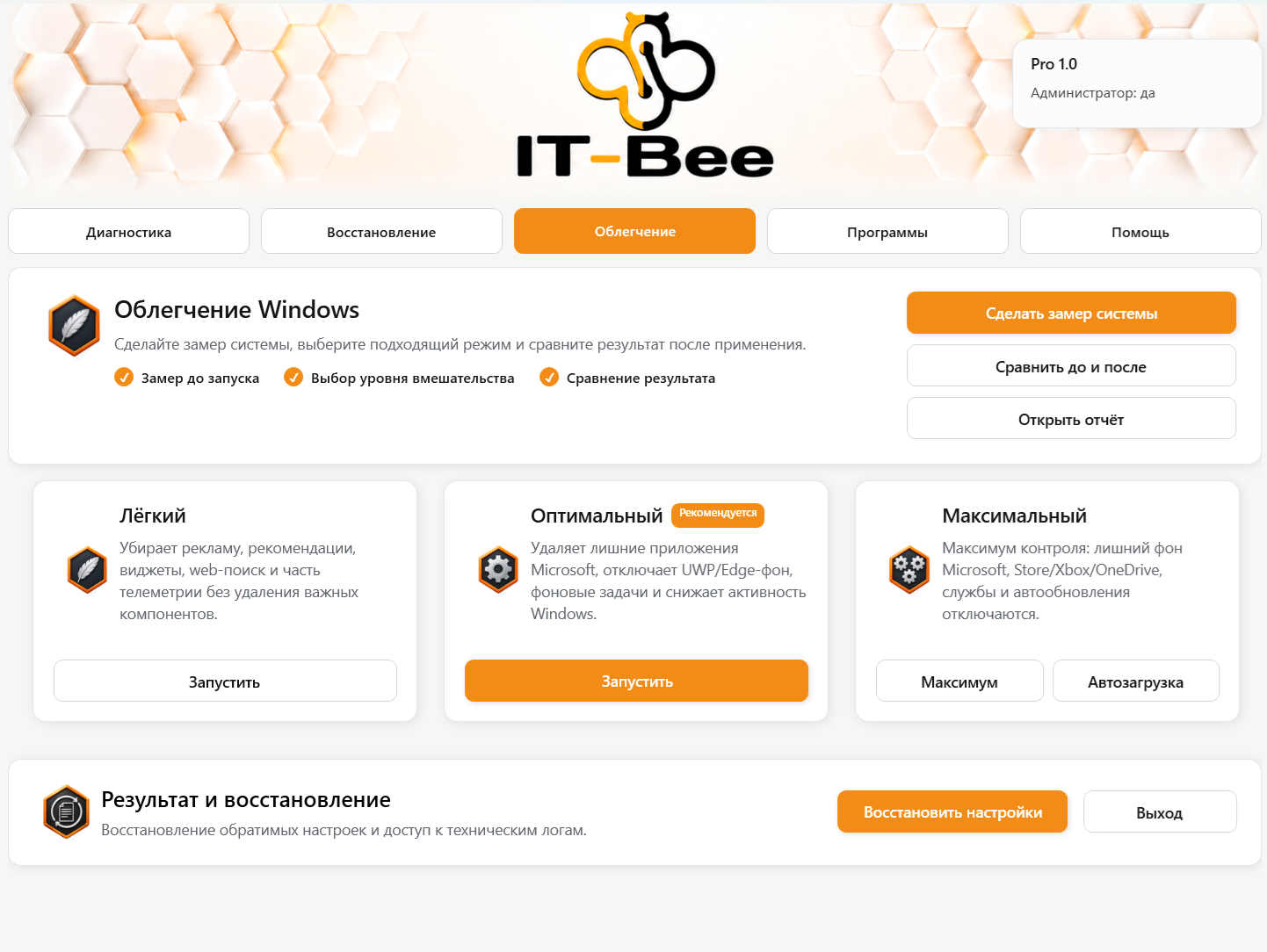 Раздел Облегчение Windows в IT-Bee Center Pro